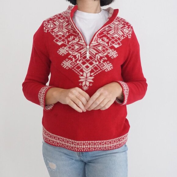 Vintage Parkhurst Weekend Red Cream Quarter Zip Winter Snowflake Knit Sweater S - Picture 2 of 10